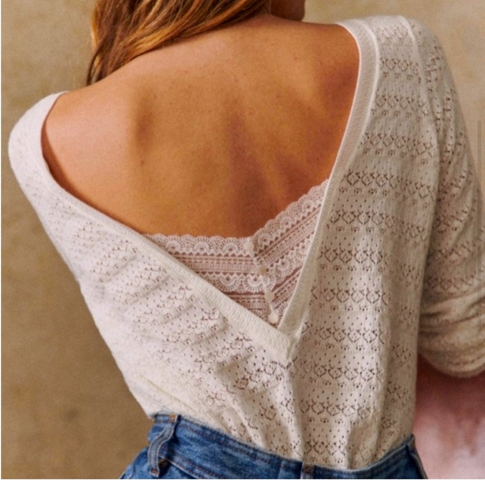 Sezane Cream Lace-Back Knit Top